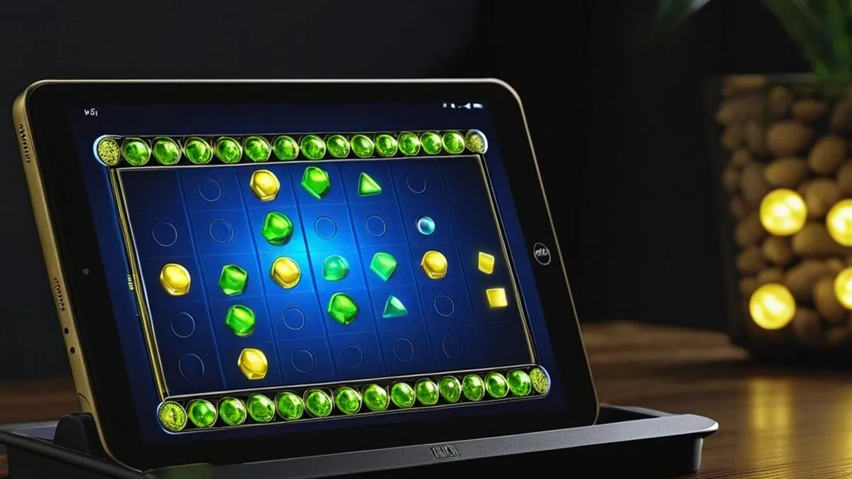 Tablet con una tragamonedas de gemas verdes y doradas en un marco de luces verdes