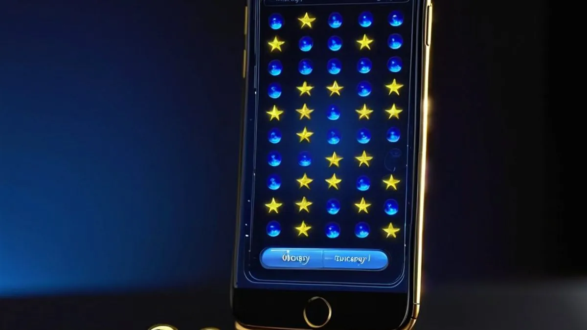 Celular en una base dorada con una cuadrícula de estrellas doradas sobre fondo azul