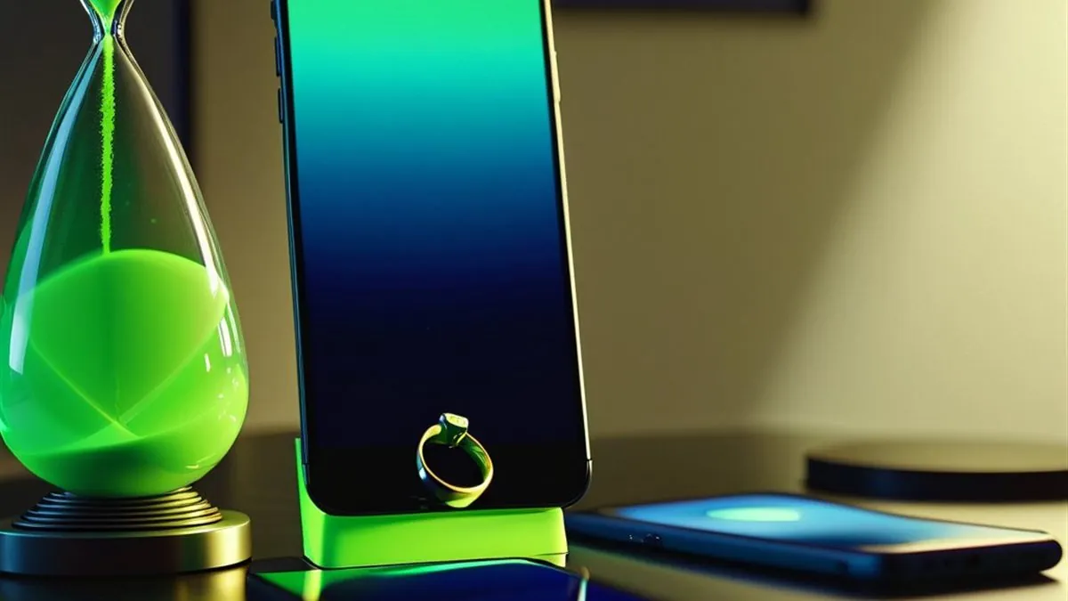 Reloj de arena verde junto a un celular en un soporte sobre un escritorio