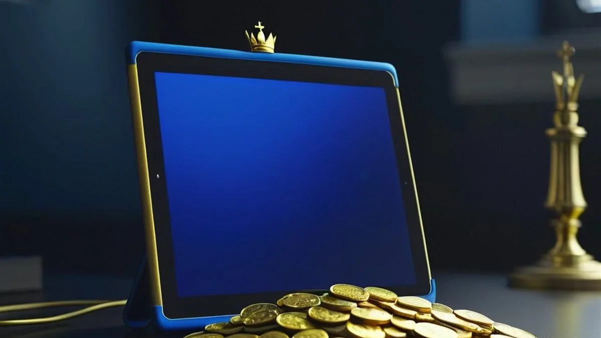 Tablet azul junto a un montón de monedas doradas y una pieza de ajedrez dorada