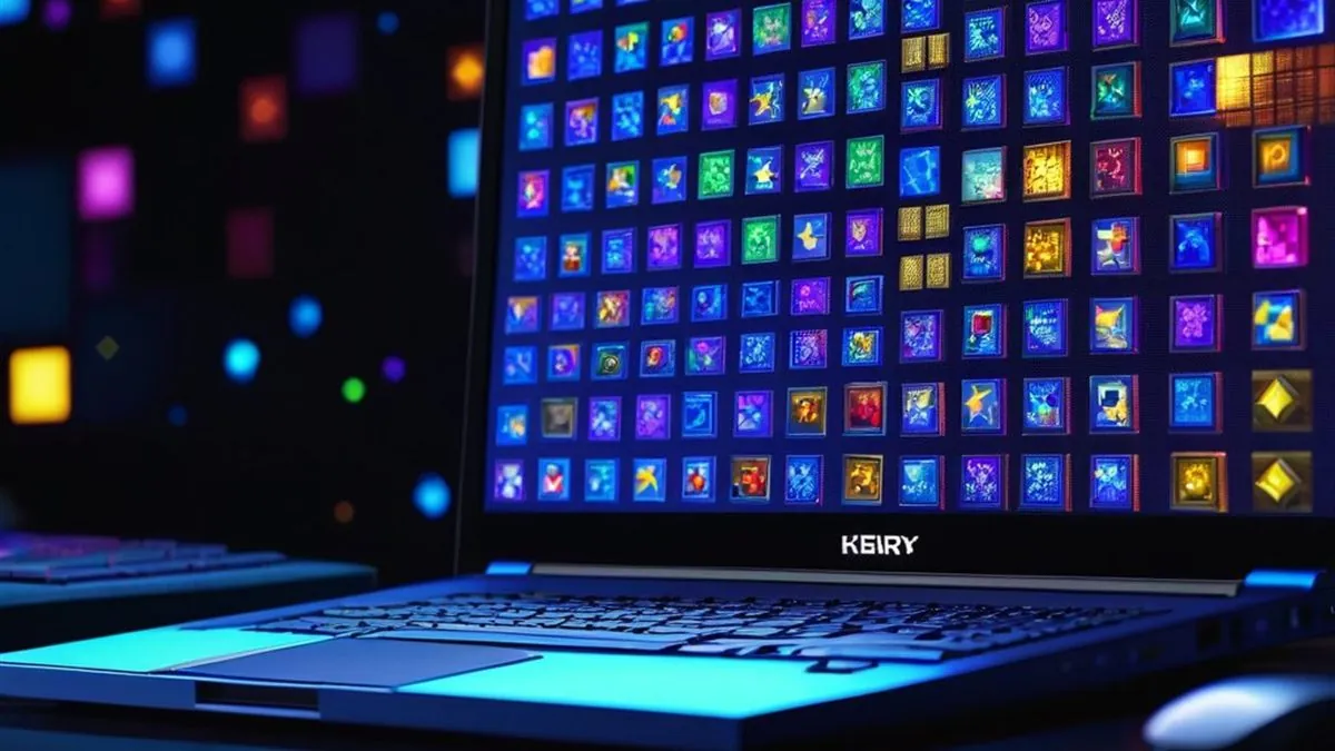 Laptop con un catálogo de muchas miniaturas de juegos de colores en pantalla azul