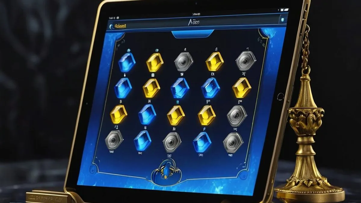 Tablet con una tragamonedas de gemas azules y doradas junto a una corona dorada